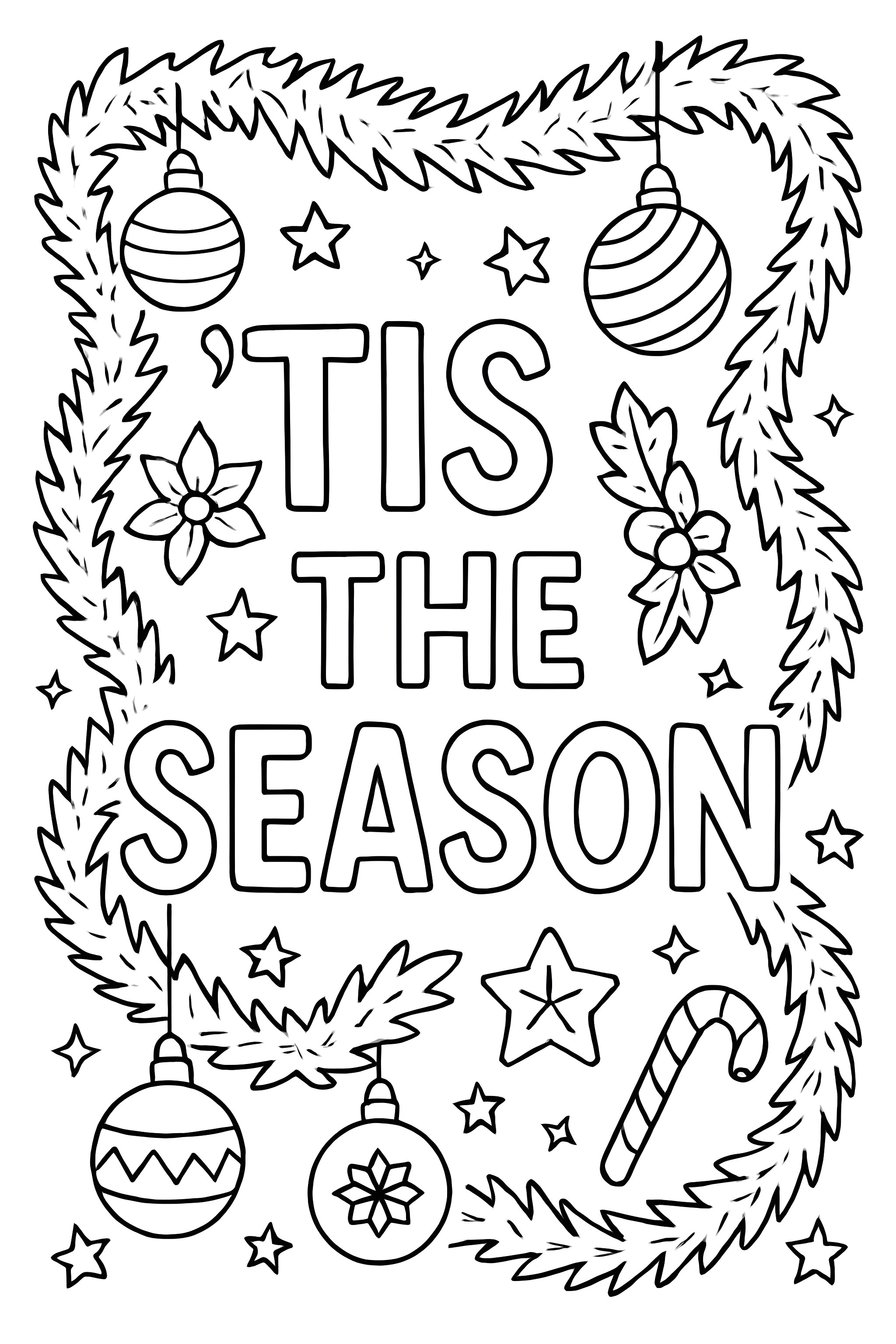 The phrase 'Tis the Season' surrounded by Christmas ornaments, tinsel, stars, and holiday motifs