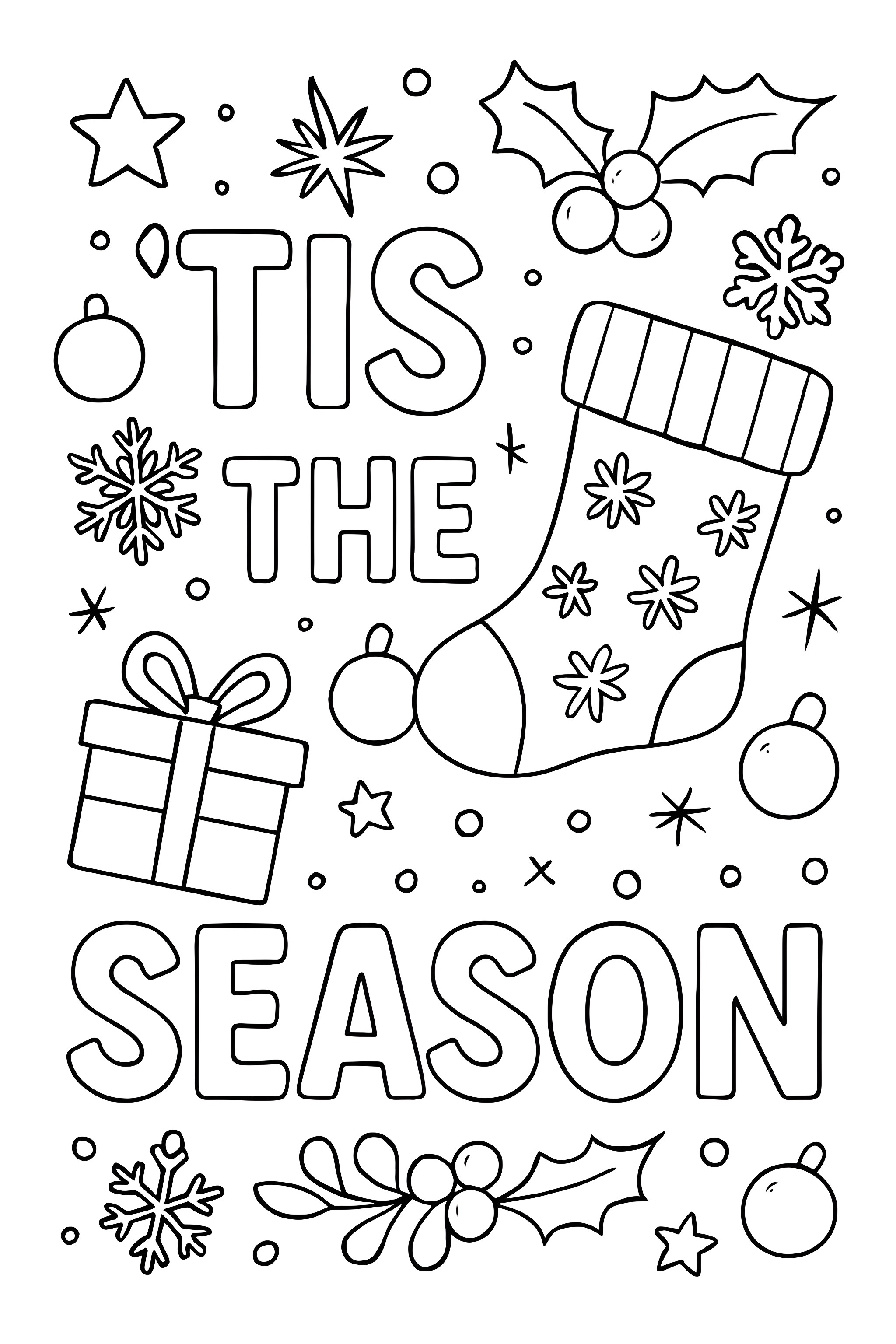The phrase 'Tis the Season' and a Christmas stocking surrounded by holiday decorations like snowflakes, ornaments, mistletoe, and a gift box