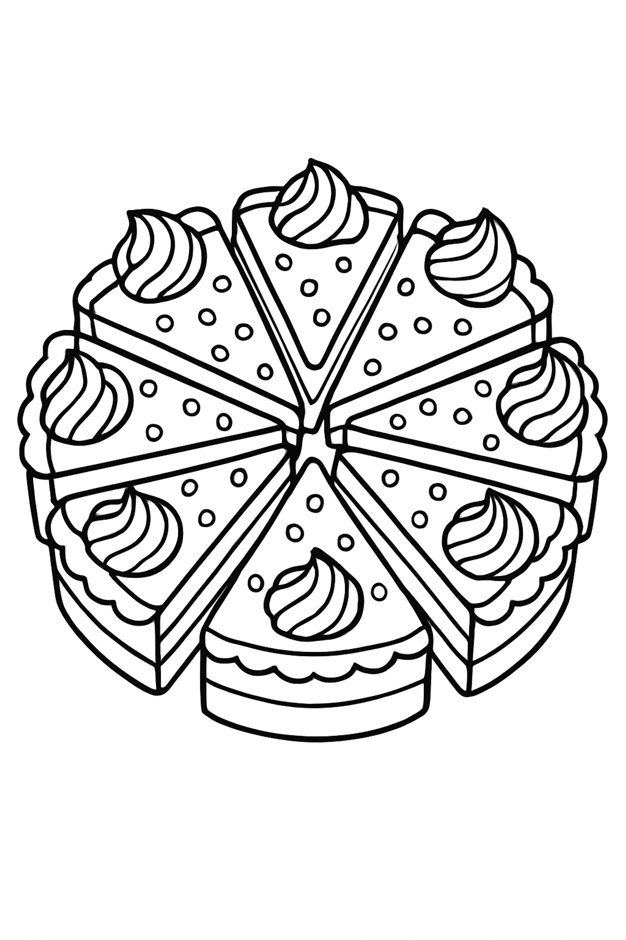 Coloring page illustrating a circular arrangement of cake slices viewed from above, featuring whipped cream toppings and decorative dots.