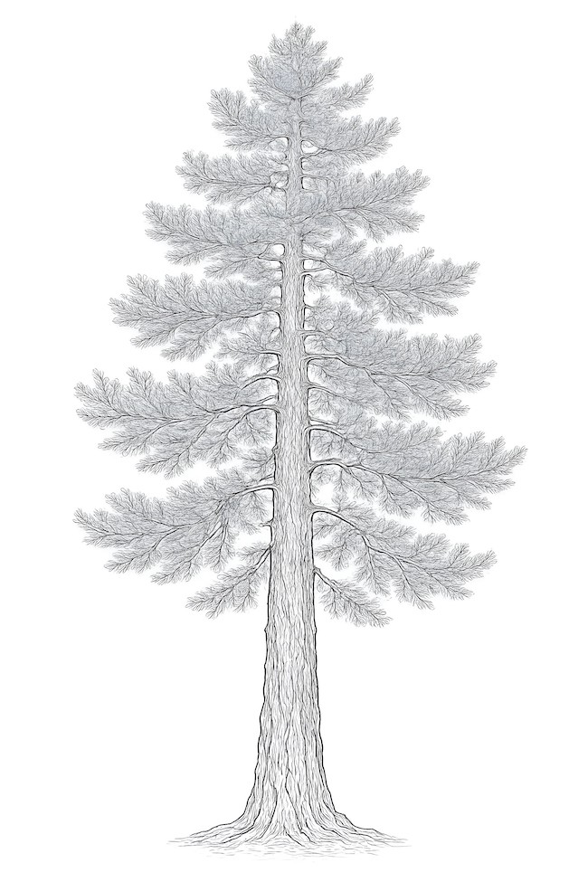 Coloring page of a single towering pine tree with detailed bark and intricate branches