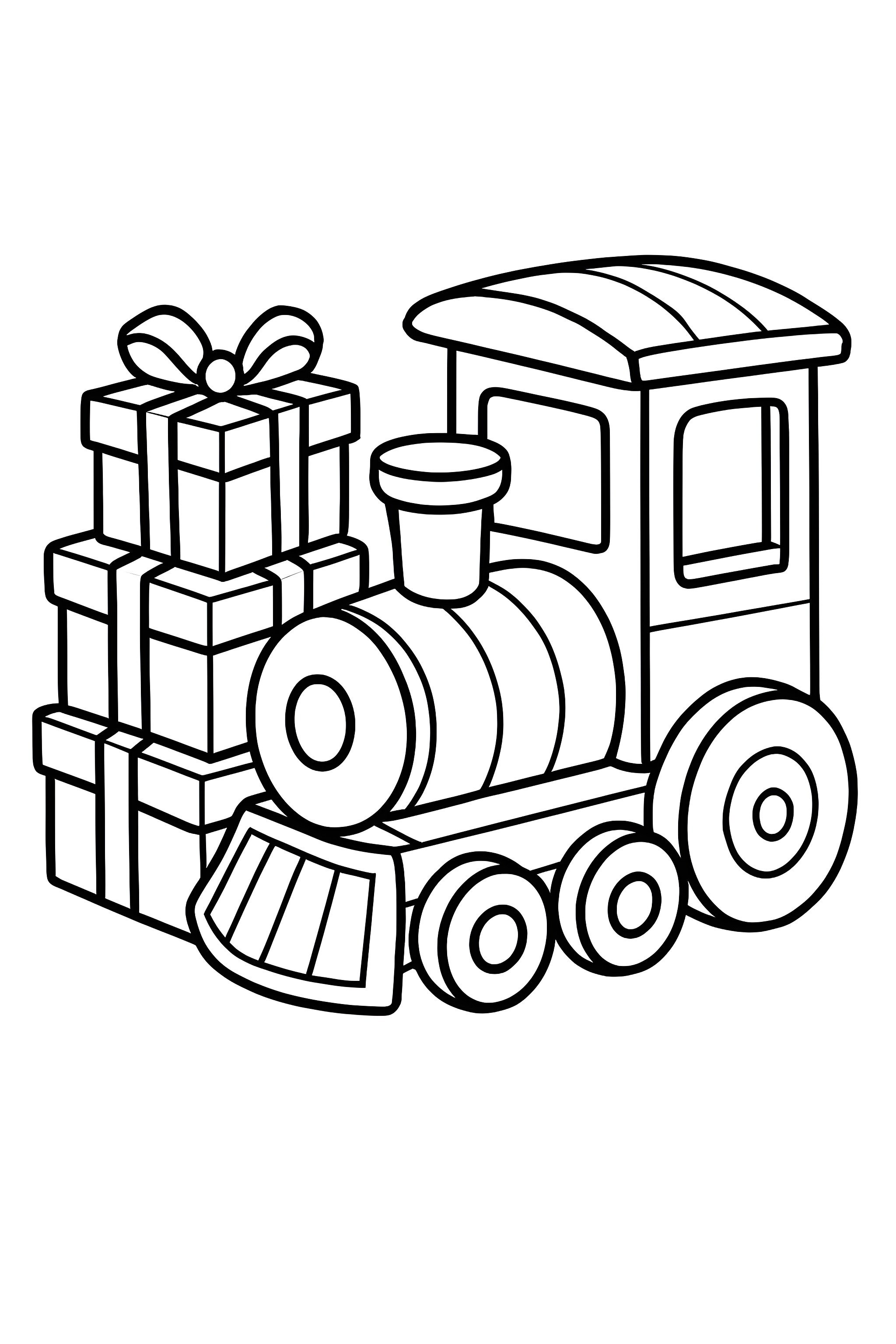 Toy train positioned next to a stack of small presents topped with bows