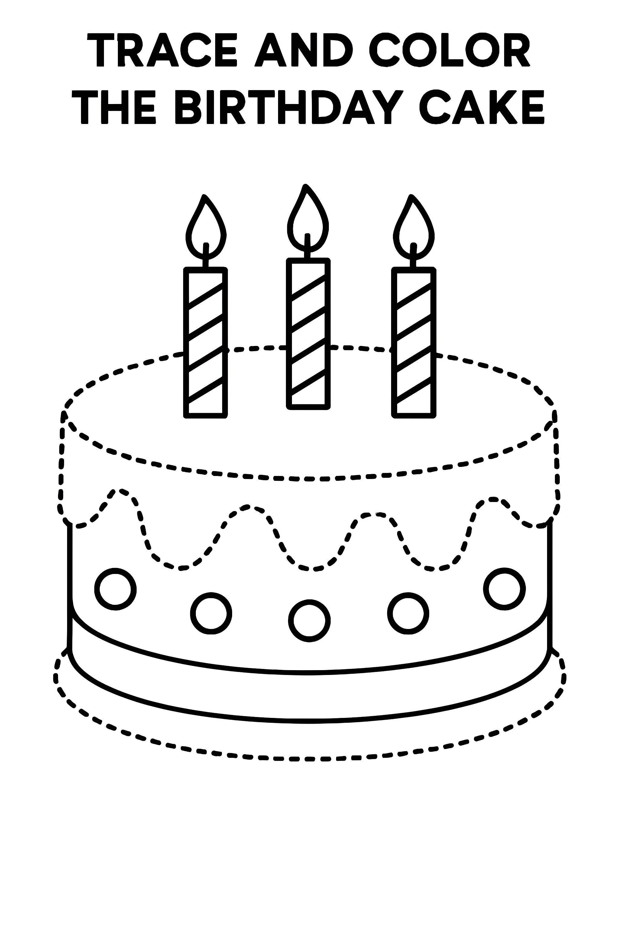 Trace and color a round birthday cake with dotted outline, three candles on top, and decorative frosting details.