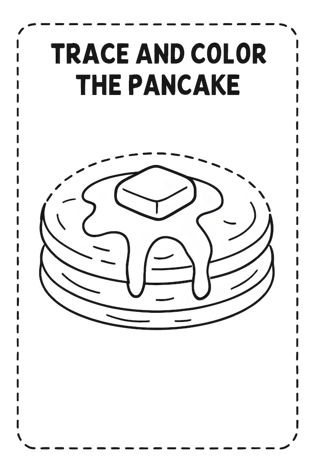 Coloring page of a pancake stack with melting butter and syrup, outlined for tracing