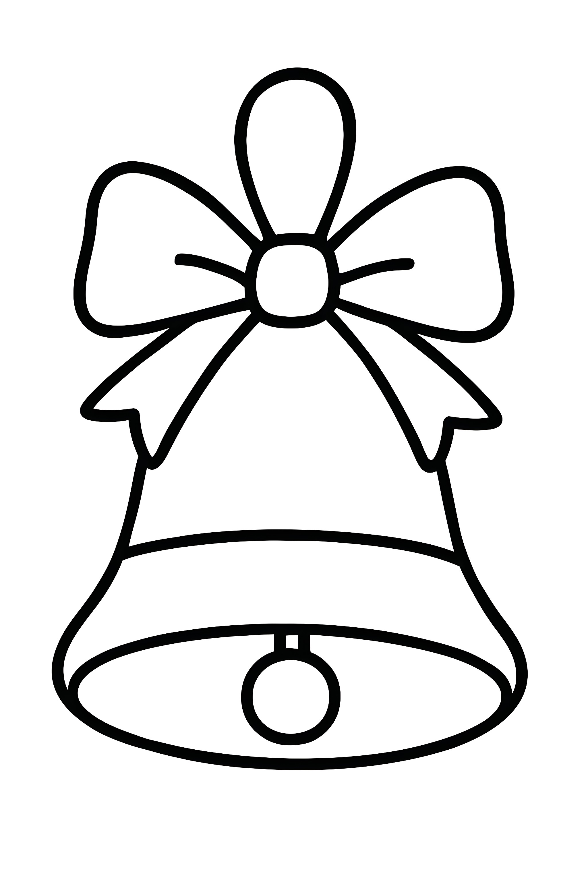 Coloring page featuring a traditional bell ornament adorned with a large ribbon loop, detailed with flowing lines and a circular clapper at the bottom.