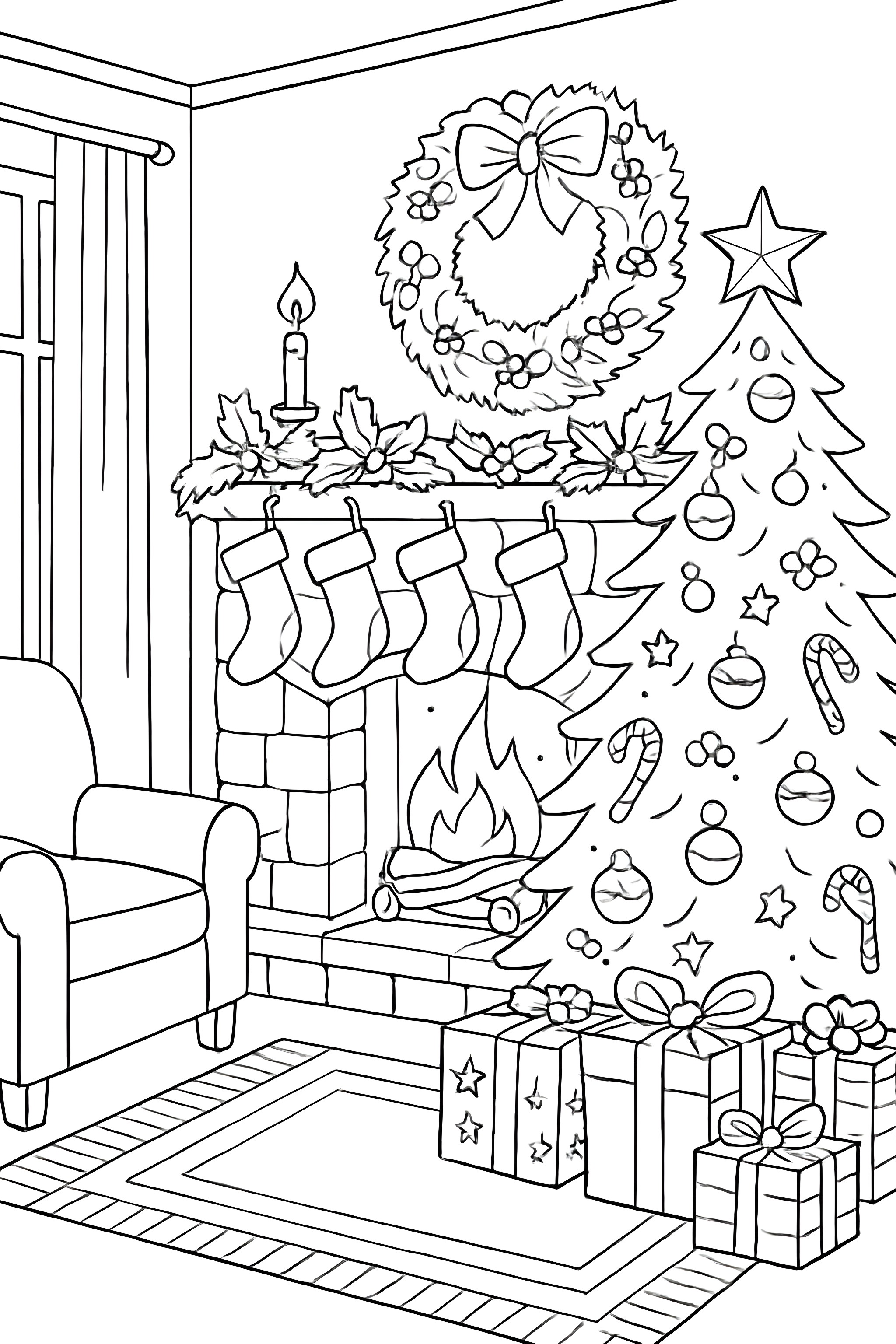 Coloring page of an old-fashioned Christmas living room featuring a decorated hearth, Christmas tree, stockings, and holiday gifts