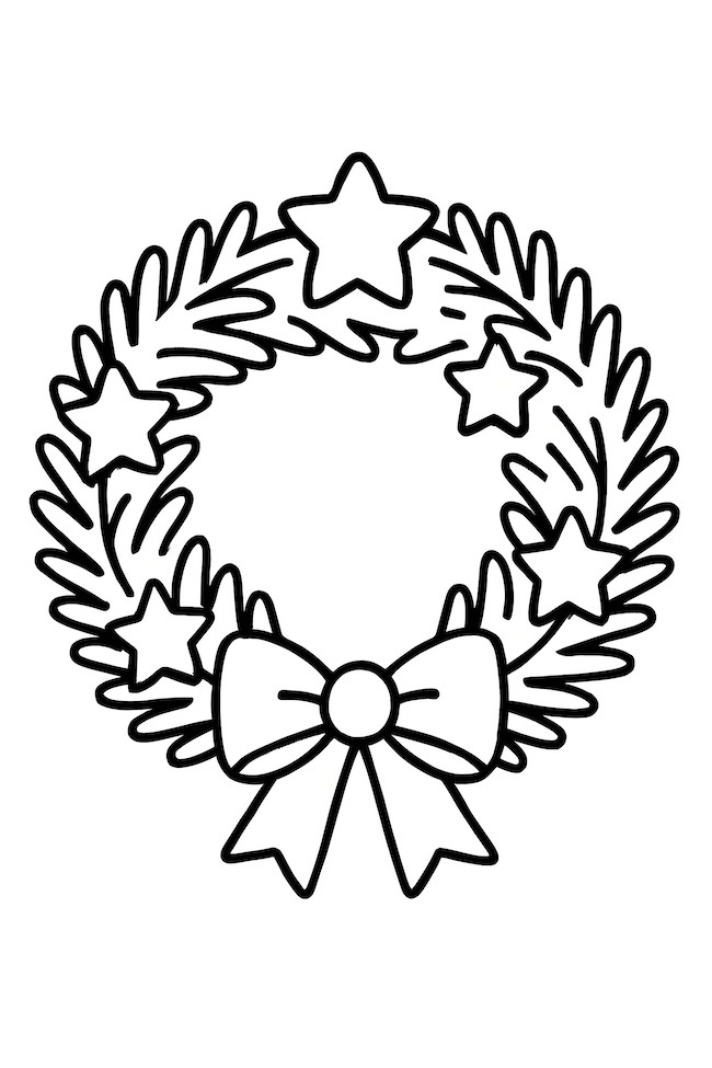A traditional wreath made of fir branches adorned with stars and a bow at the bottom
