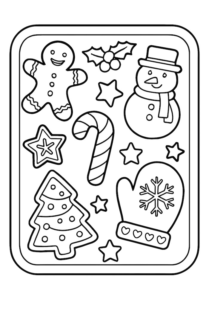 Coloring page of a tray featuring Christmas cookies shaped like a gingerbread man, snowman, candy cane, tree, mittens, and stars