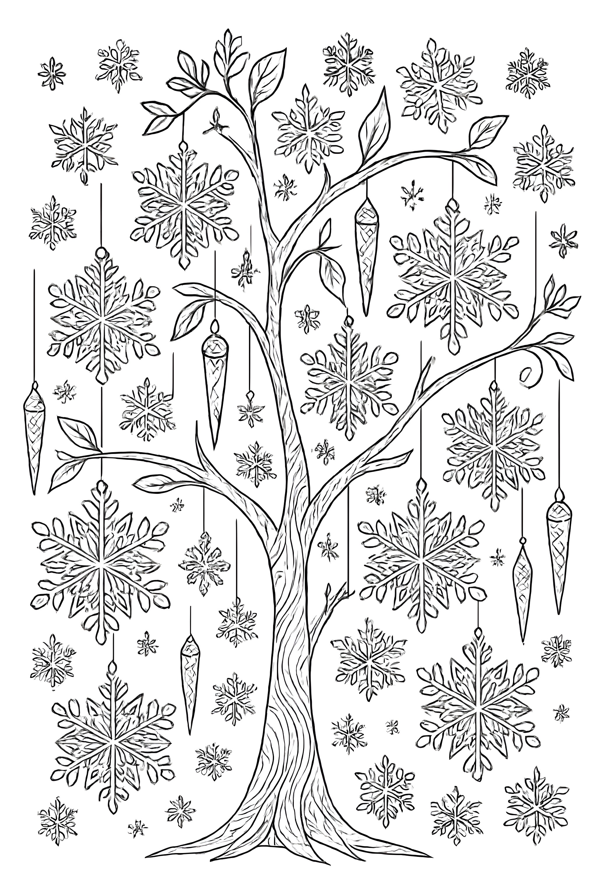 A tree adorned with hanging snowflake ornaments and icicle decorations among smaller snowflake designs in the background