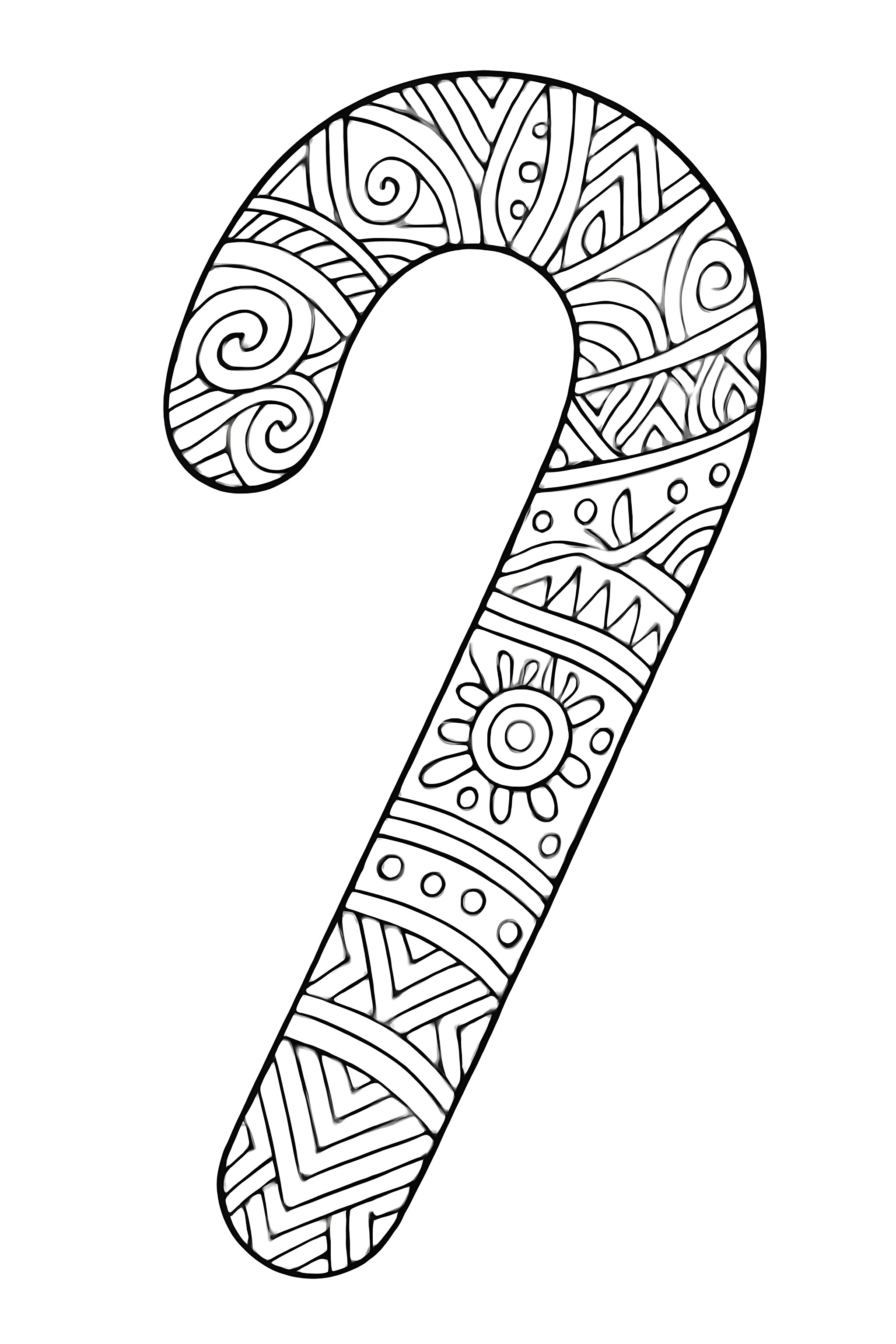 Coloring page of a candy cane featuring intricate tribal patterns and designs along its surface