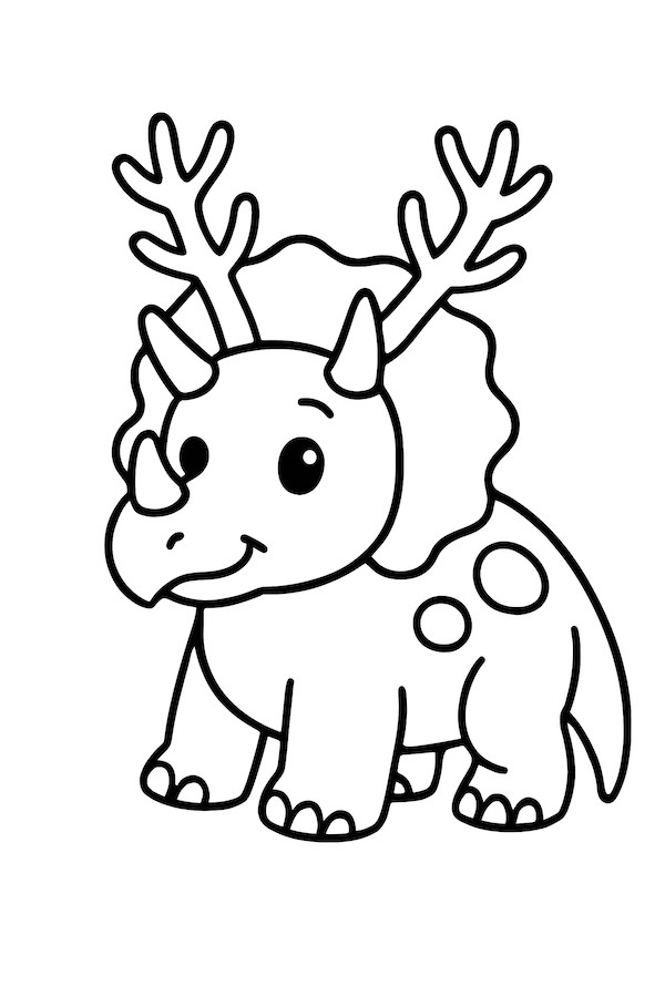 Coloring page of a Triceratops with prominent antlers and a frilled head, featuring round spots on its body