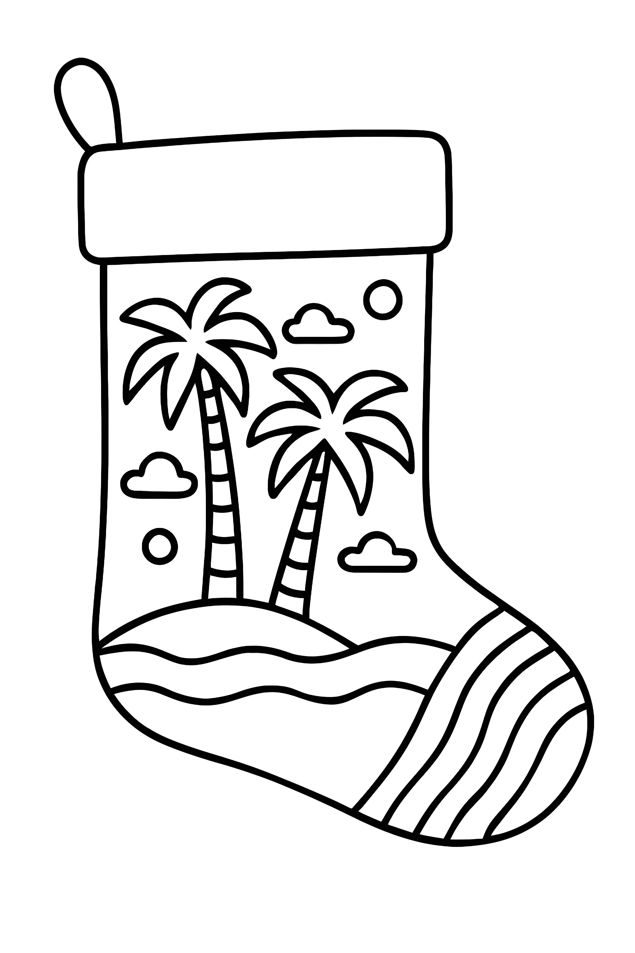 Stocking featuring palm trees, clouds, and waves, designed with a tropical theme