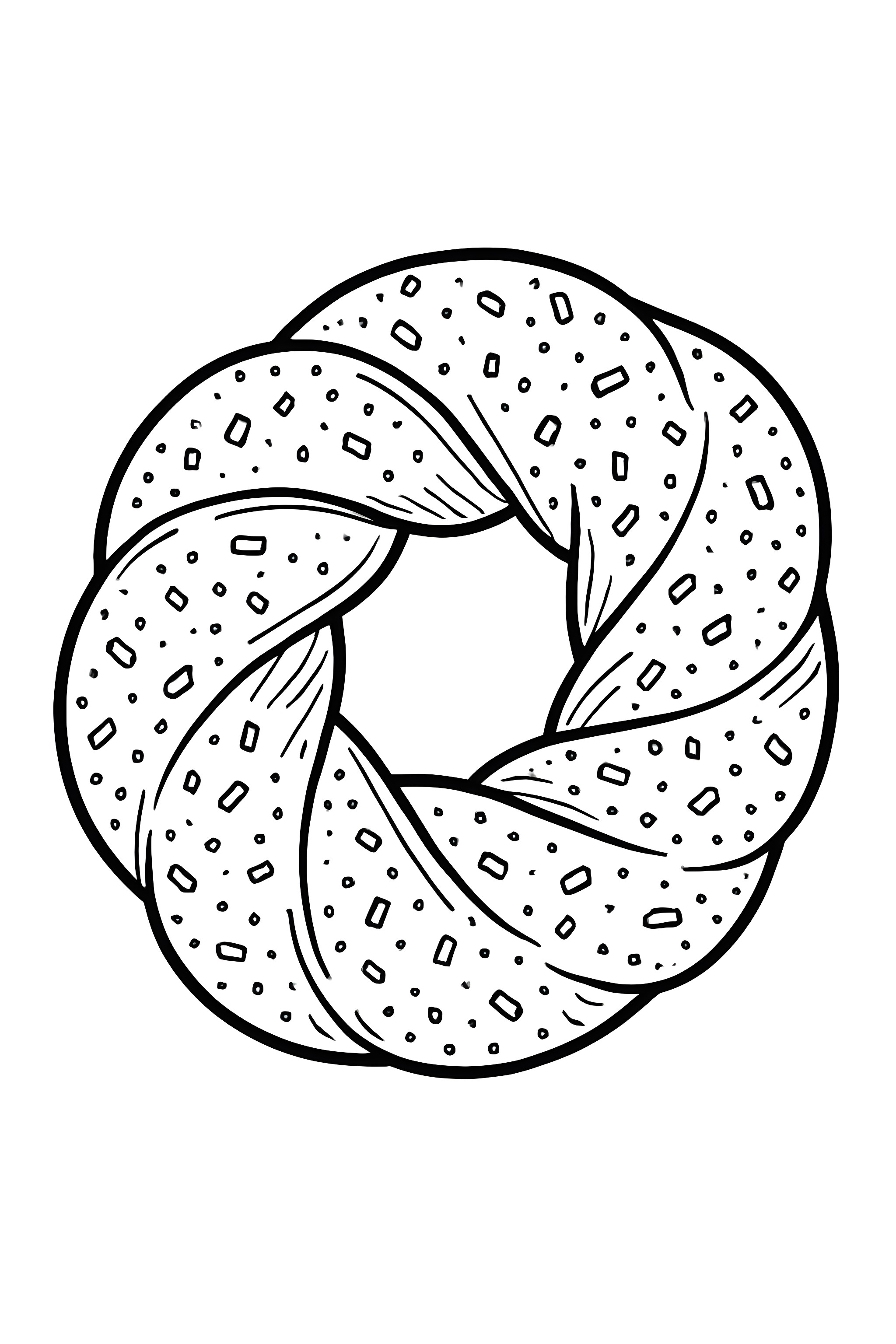 Coloring page of a twisted donut coated in cinnamon sugar with decorative sprinkles