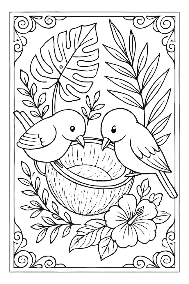 Coloring page featuring two birds feeding from a half-open coconut surrounded by tropical foliage and a hibiscus flower