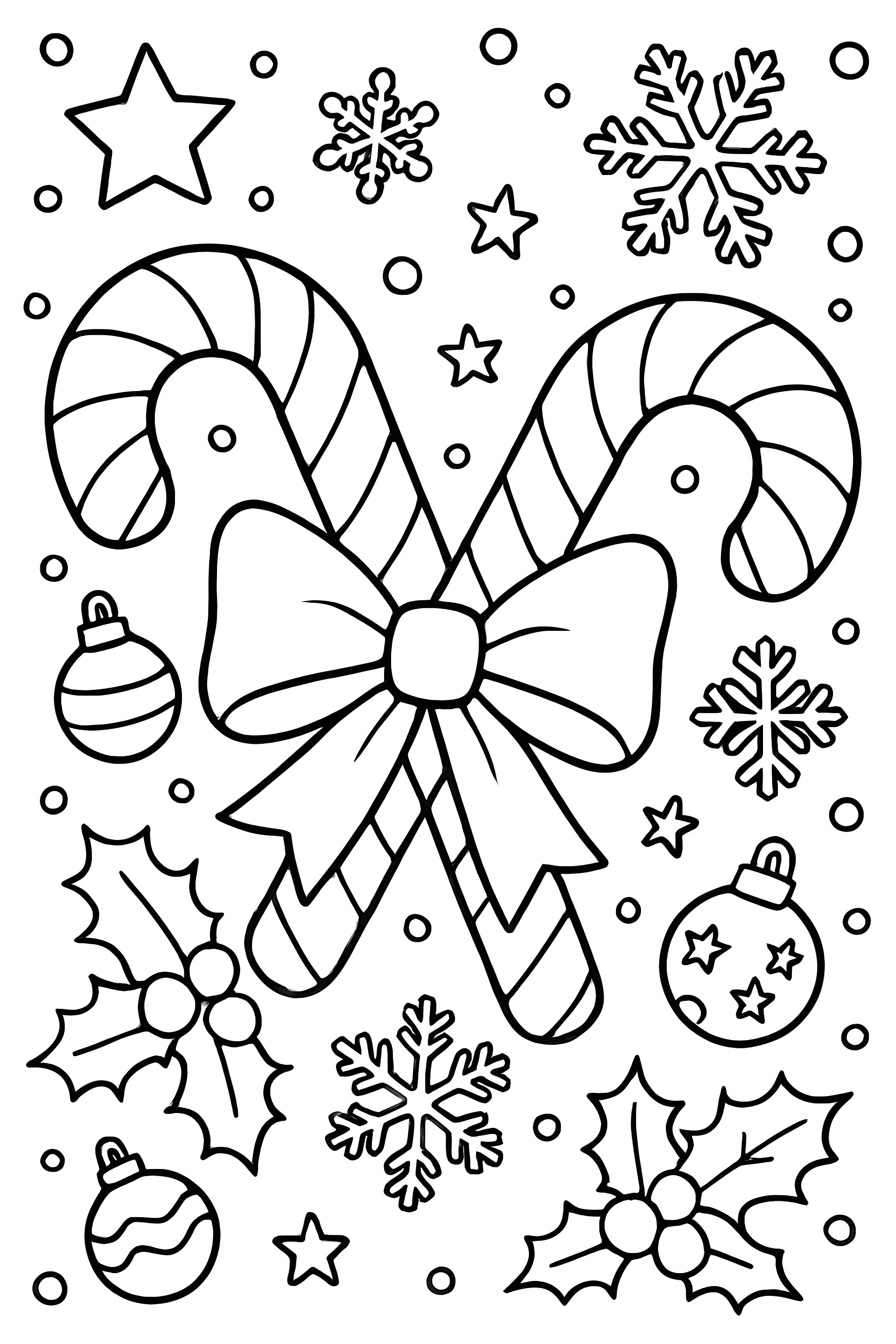 Coloring page featuring two striped candy canes tied with a ribbon, surrounded by snowflakes, ornaments, and holly leaves.
