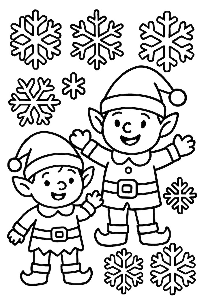 Coloring page of two cheerful elves wearing hats and surrounded by various geometric snowflake designs