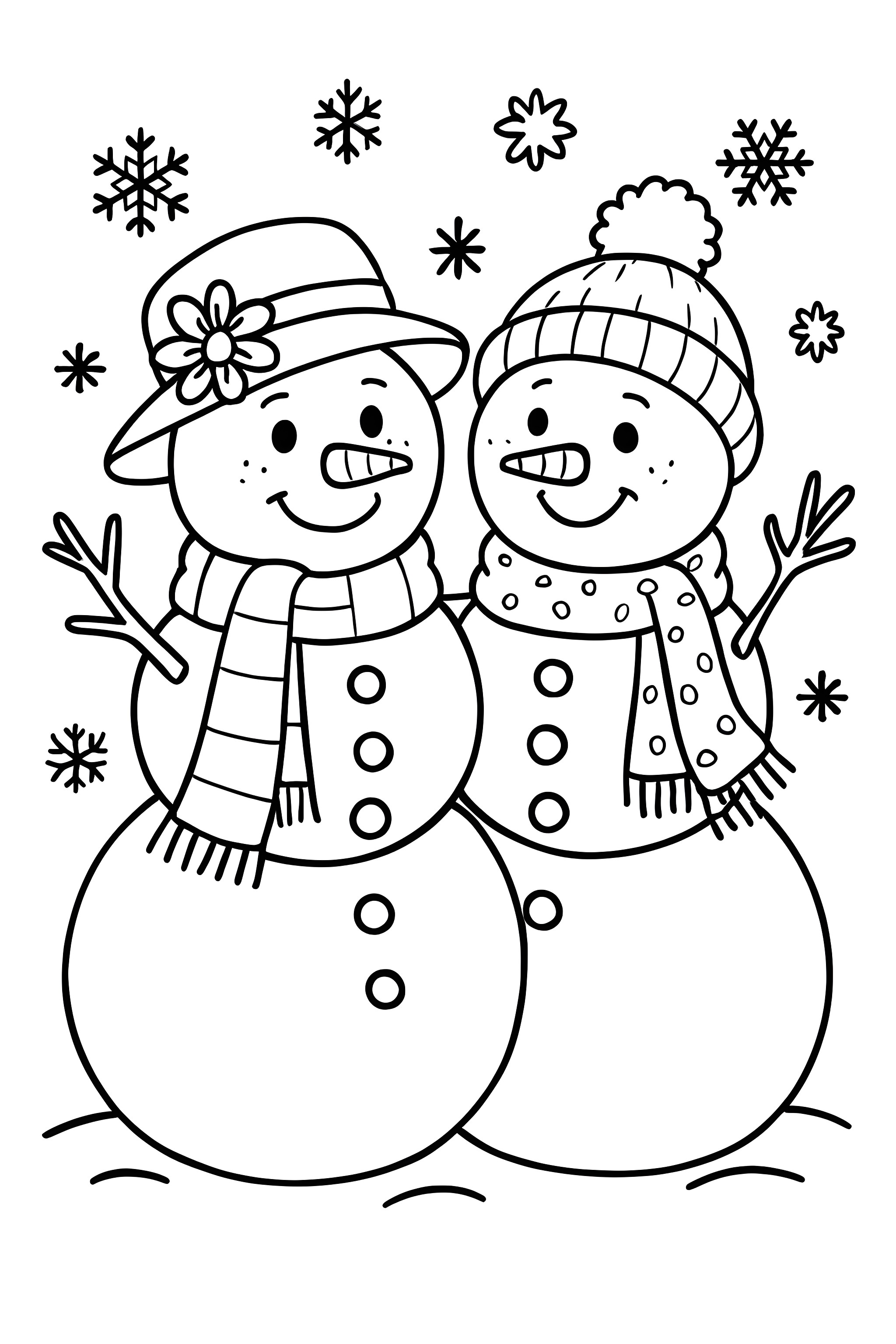 Coloring page of two happy snowmen wearing a scarf, hat, and flower, with snow falling around them