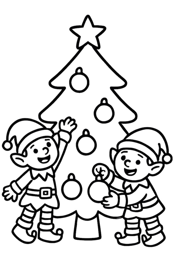 Coloring page of two enthusiastic elves hanging ornaments on a Christmas tree with a star on top