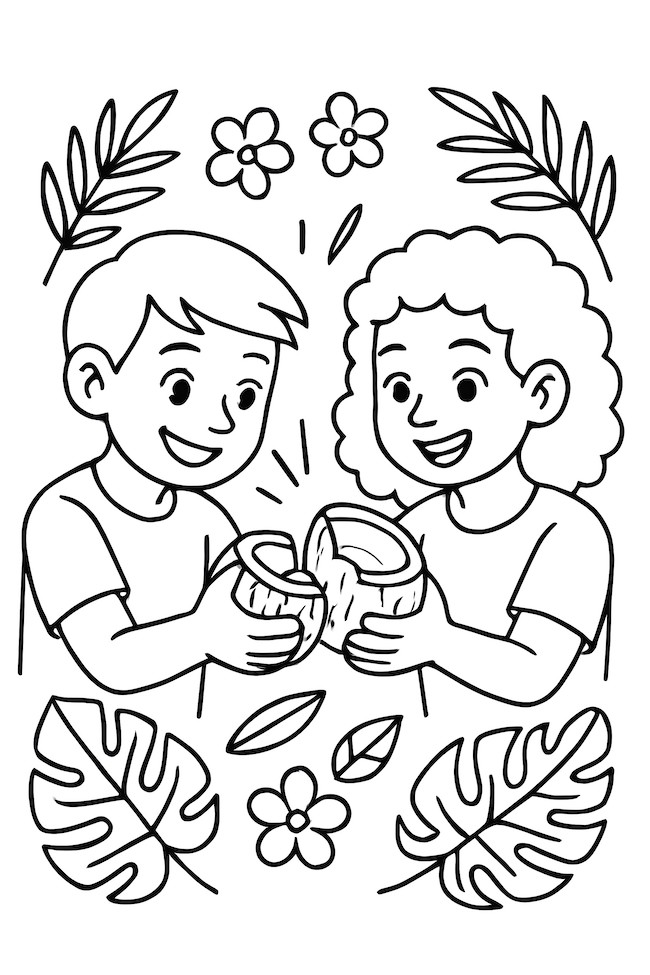 Coloring page of two friends joyfully cracking open coconuts surrounded by tropical leaves and flowers