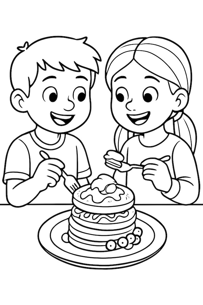 Coloring page of two friends happily sharing a plate of stacked pancakes with toppings