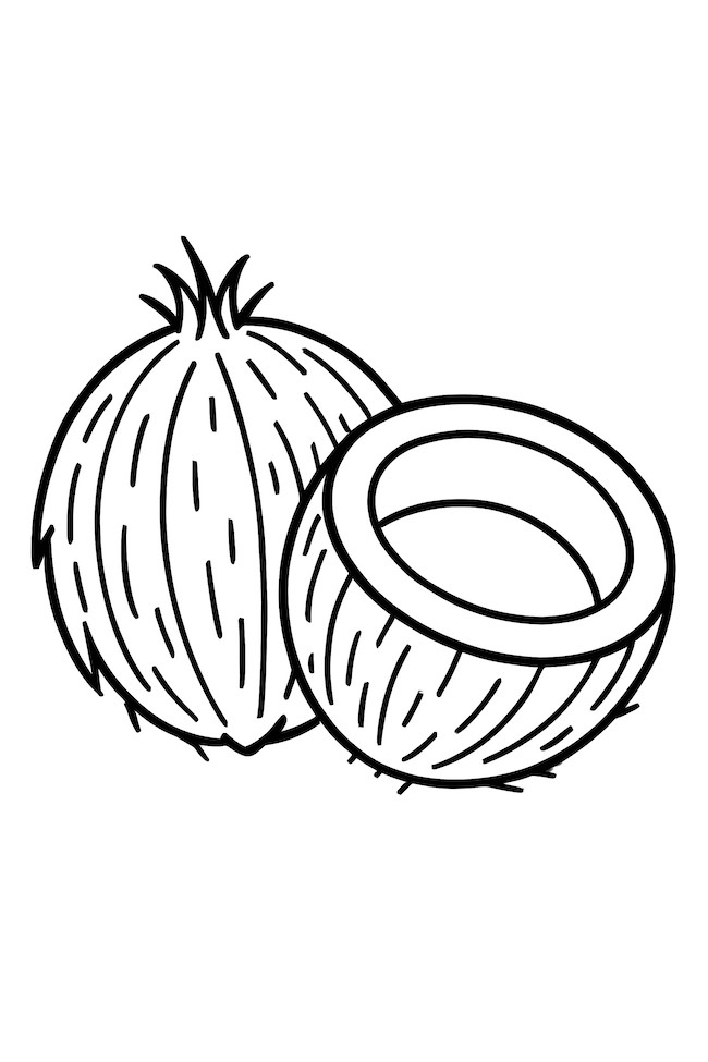 Coloring page featuring two coconuts, one whole and one cracked open, displaying texture details on their shells