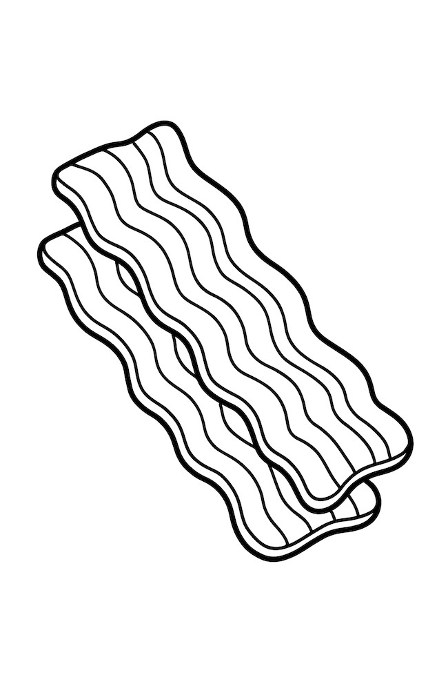 Coloring page of two perfectly cooked strips of crispy bacon with wavy edges