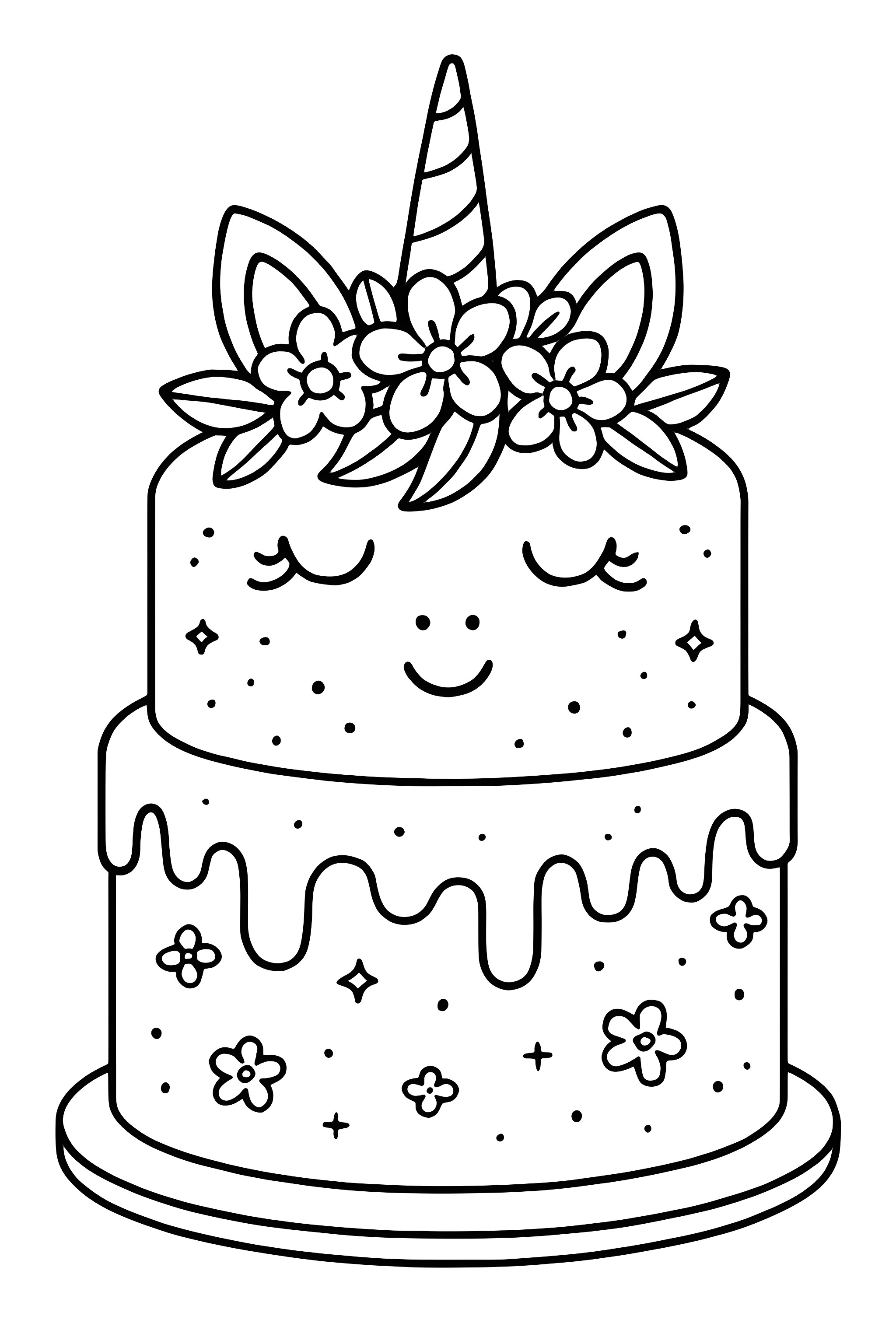 Coloring page of a two-tier unicorn cake adorned with flowers and a unicorn horn, featuring a smiling face and decorative frosting drips