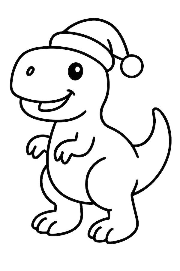Coloring page of a Tyrannosaurus Rex wearing a Santa hat with a cheerful expression