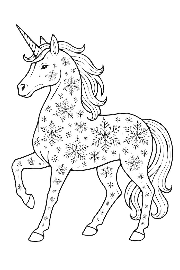 Coloring page of a unicorn featuring intricate snowflake patterns covering its body