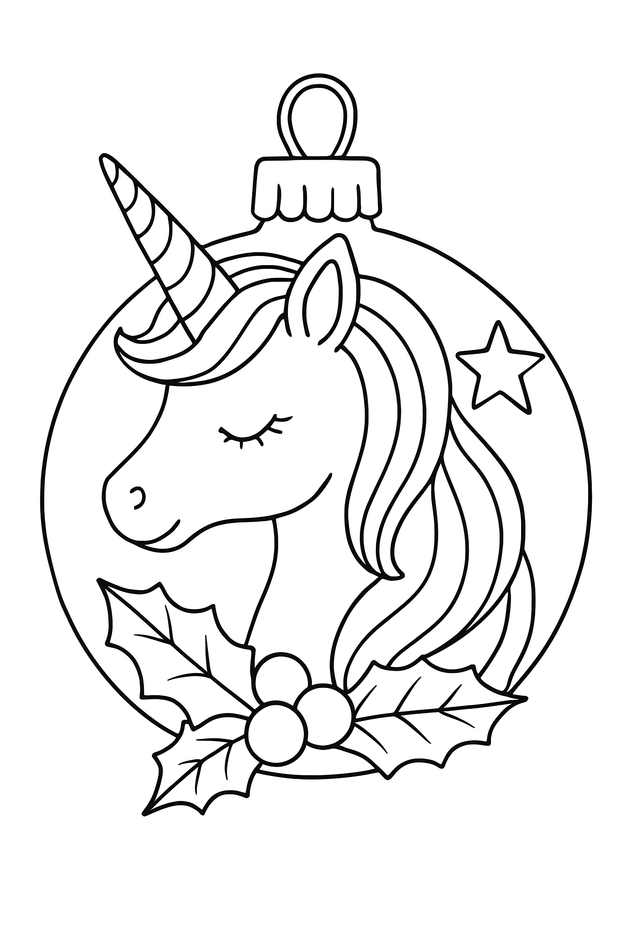 A unicorn head inside a circular ornament with holly leaves and a star