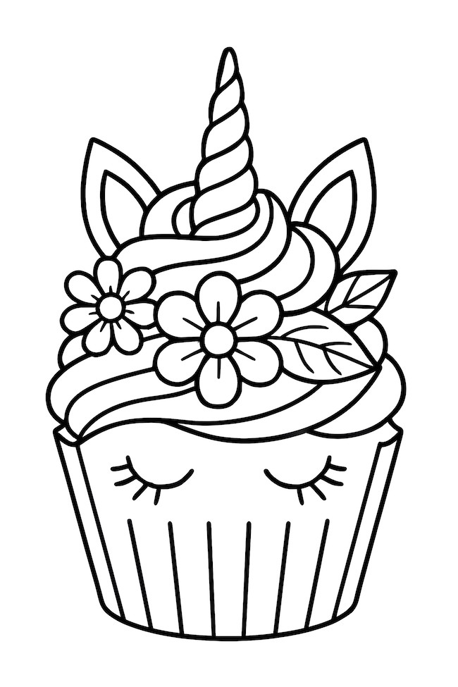 Coloring page featuring a unicorn-themed cupcake adorned with a unicorn horn, ears, flowers, and closed eyes