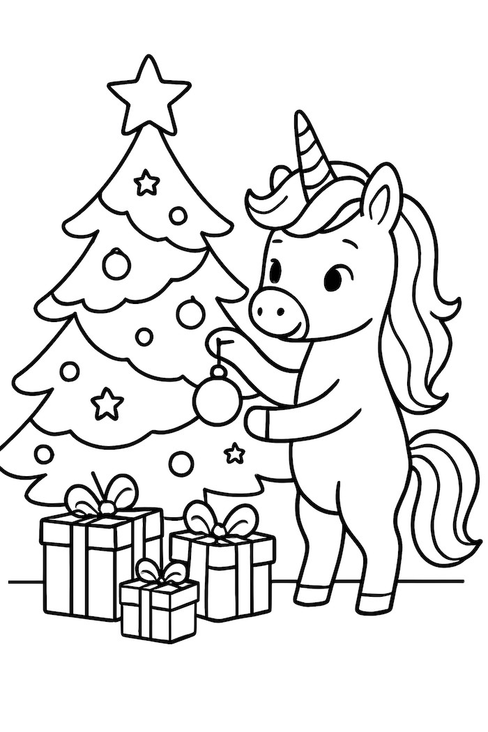 Unicorn hanging an ornament on a decorated Christmas tree with presents underneath