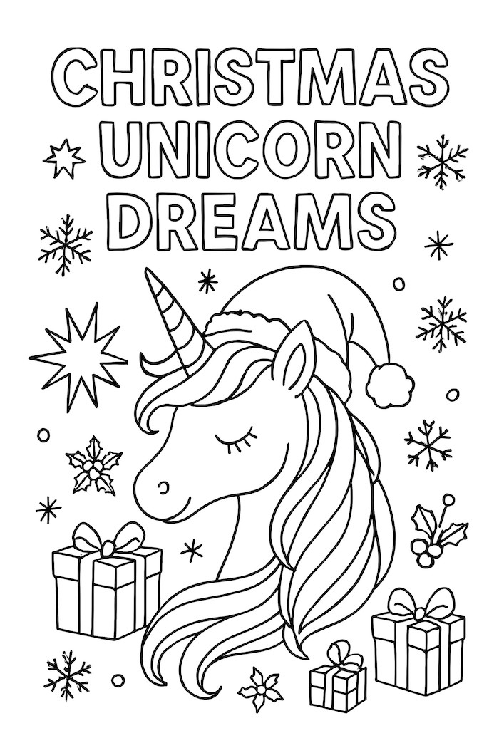 Coloring page featuring a unicorn wearing a Christmas hat surrounded by gifts and snowflakes