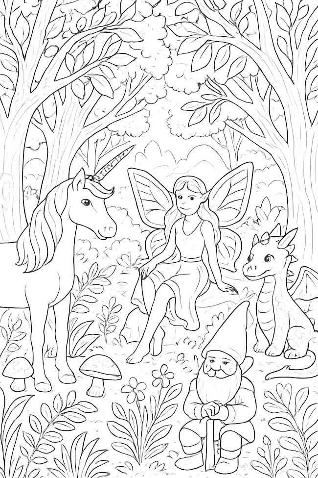 Coloring page featuring a unicorn, a fairy sitting on a rock, a small dragon, and a gnome in an enchanted forest with various trees and plants