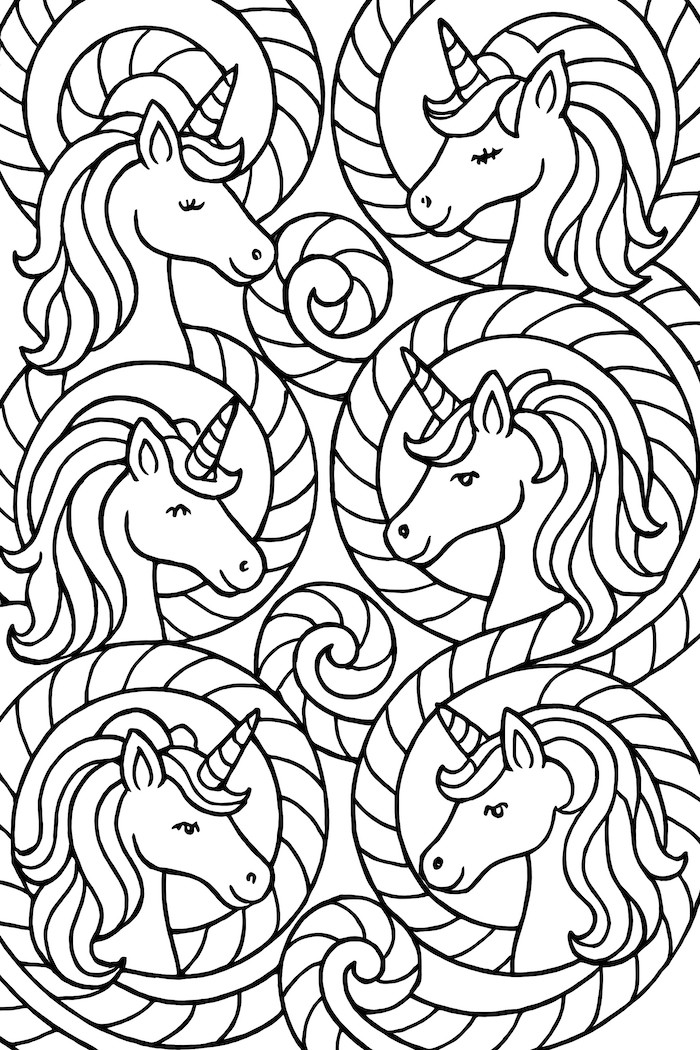 Coloring page of unicorn heads surrounded by repetitive candy cane swirl patterns