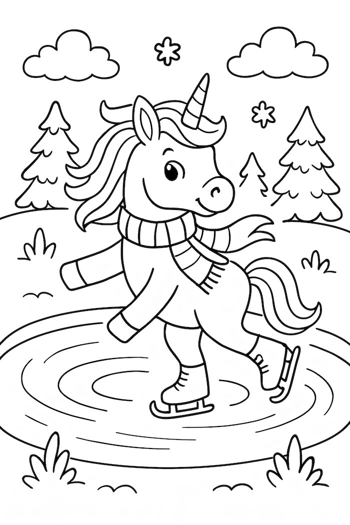 A unicorn wearing a scarf ice skating on a frozen pond surrounded by trees and clouds