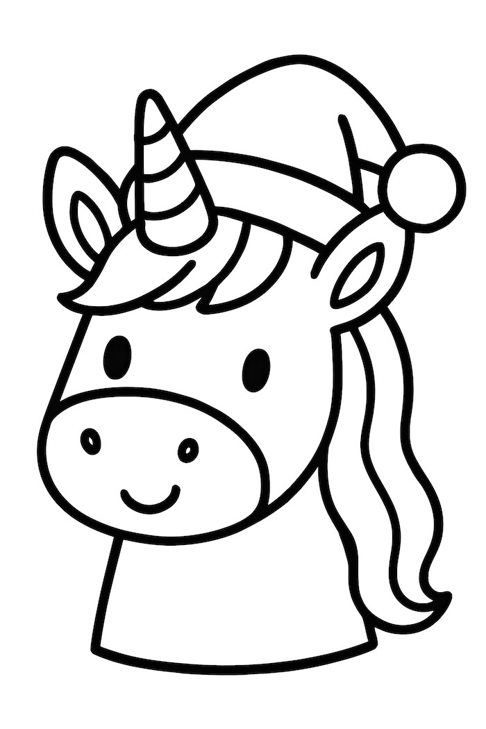 Coloring page of a unicorn wearing a Santa hat with a playful expression and a long mane