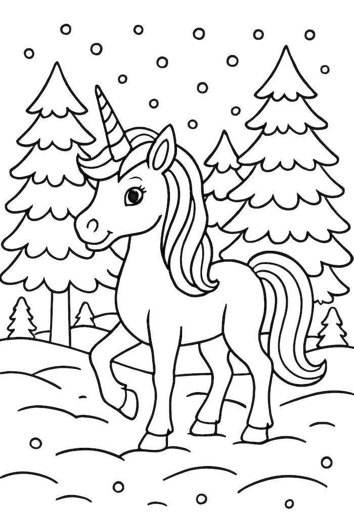 A unicorn in a snowy forest with pine trees and falling snowflakes
