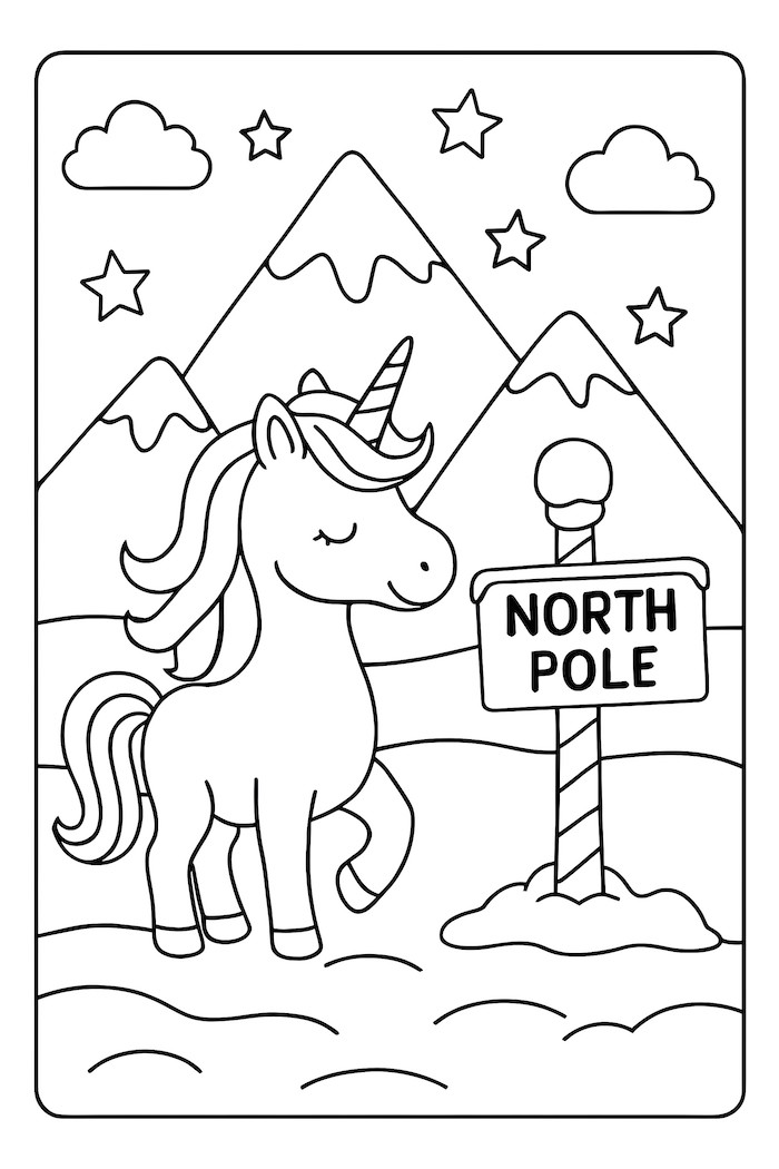Unicorn walking near a North Pole sign with snowy mountains and stars in the background