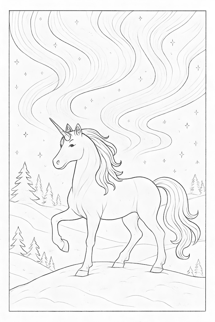 Unicorn standing gracefully on a snowy hill under swirling Northern Lights with pine trees in the background