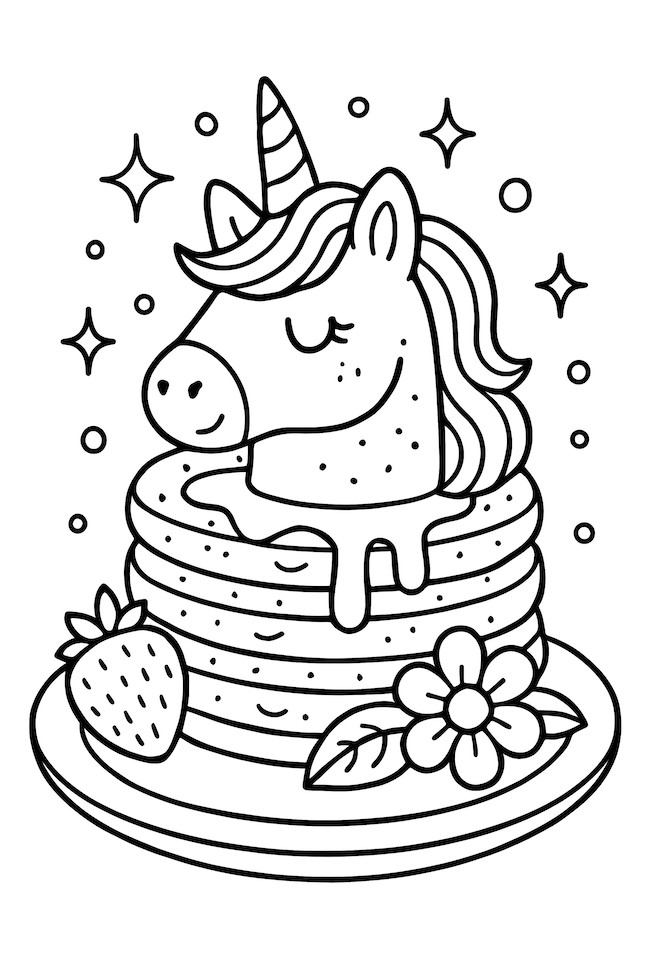 Coloring page of unicorn-shaped pancakes with a pink horn, syrup, strawberries, and a flower decoration