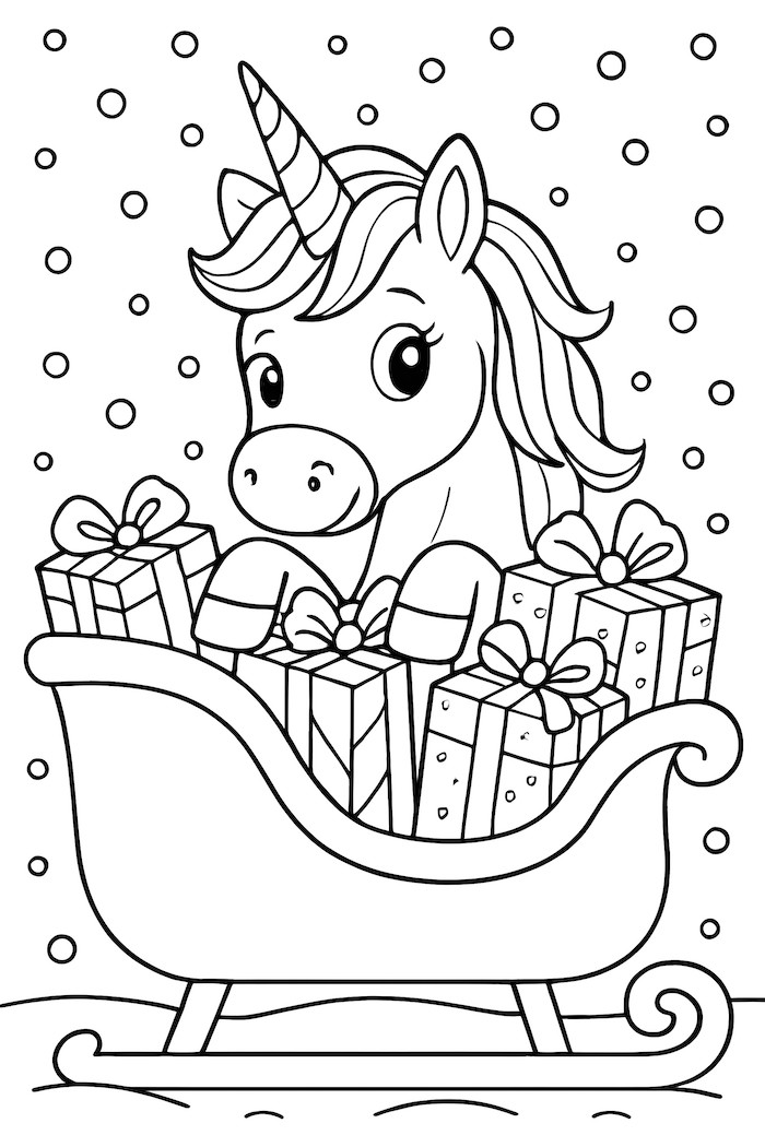 Coloring page of a unicorn peeking over Santa's sleigh filled with wrapped presents and gentle snowfall
