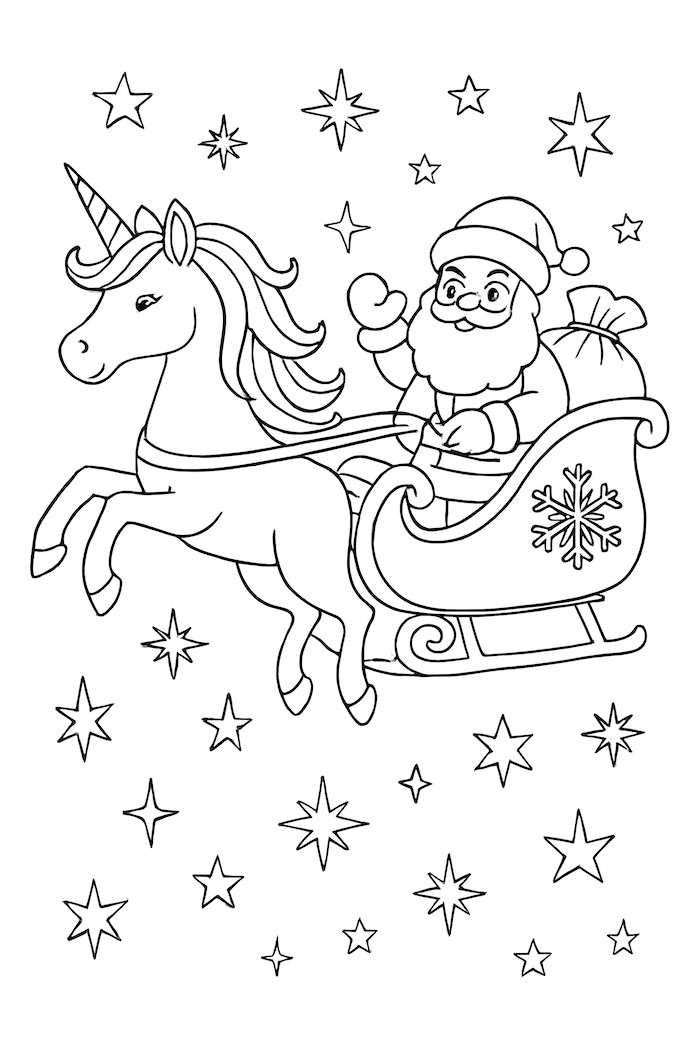 Coloring page of a unicorn pulling Santa's sleigh through the sky with stars and snowflakes