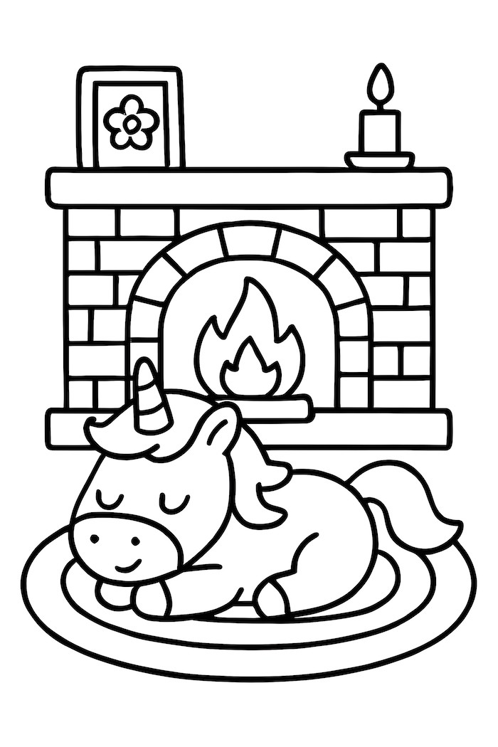A unicorn lying on a rug in front of a fireplace with a lit flame and decorative elements