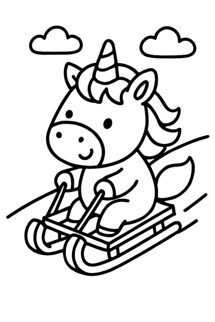 Illustration of a unicorn sledding down a snowy hill on a wooden sled, with clouds above