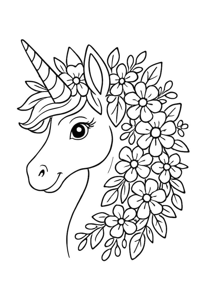 Coloring page of a unicorn adorned with a floral wreath mane featuring various flowers and leaves