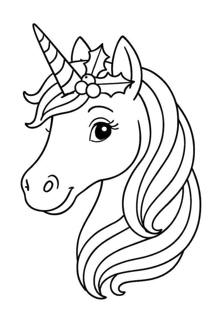 Unicorn portrait featuring a holly decoration on its forehead and flowing mane