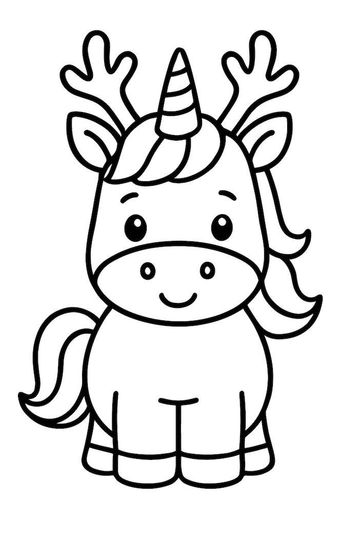 Coloring page of a unicorn wearing reindeer antlers, with a smiling expression and a flowing mane