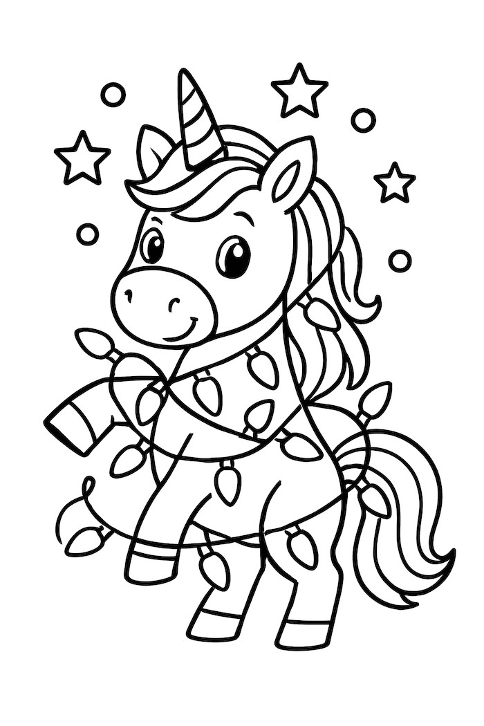 Coloring page of a unicorn wrapped in colorful Christmas lights with stars in the background