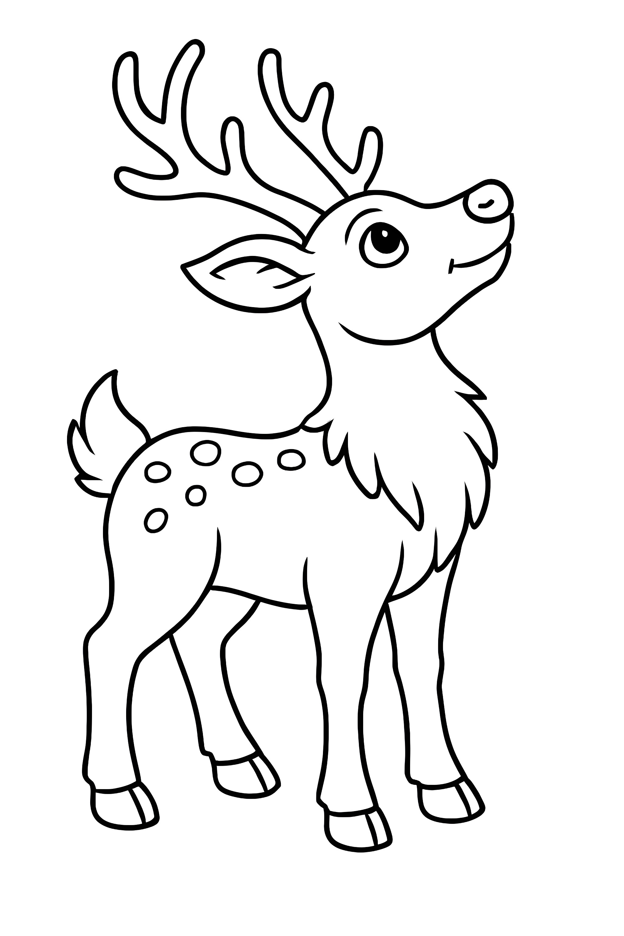 Coloring page depicting a reindeer looking upwards with prominent antlers and a fluffy mane, featuring spots on its side
