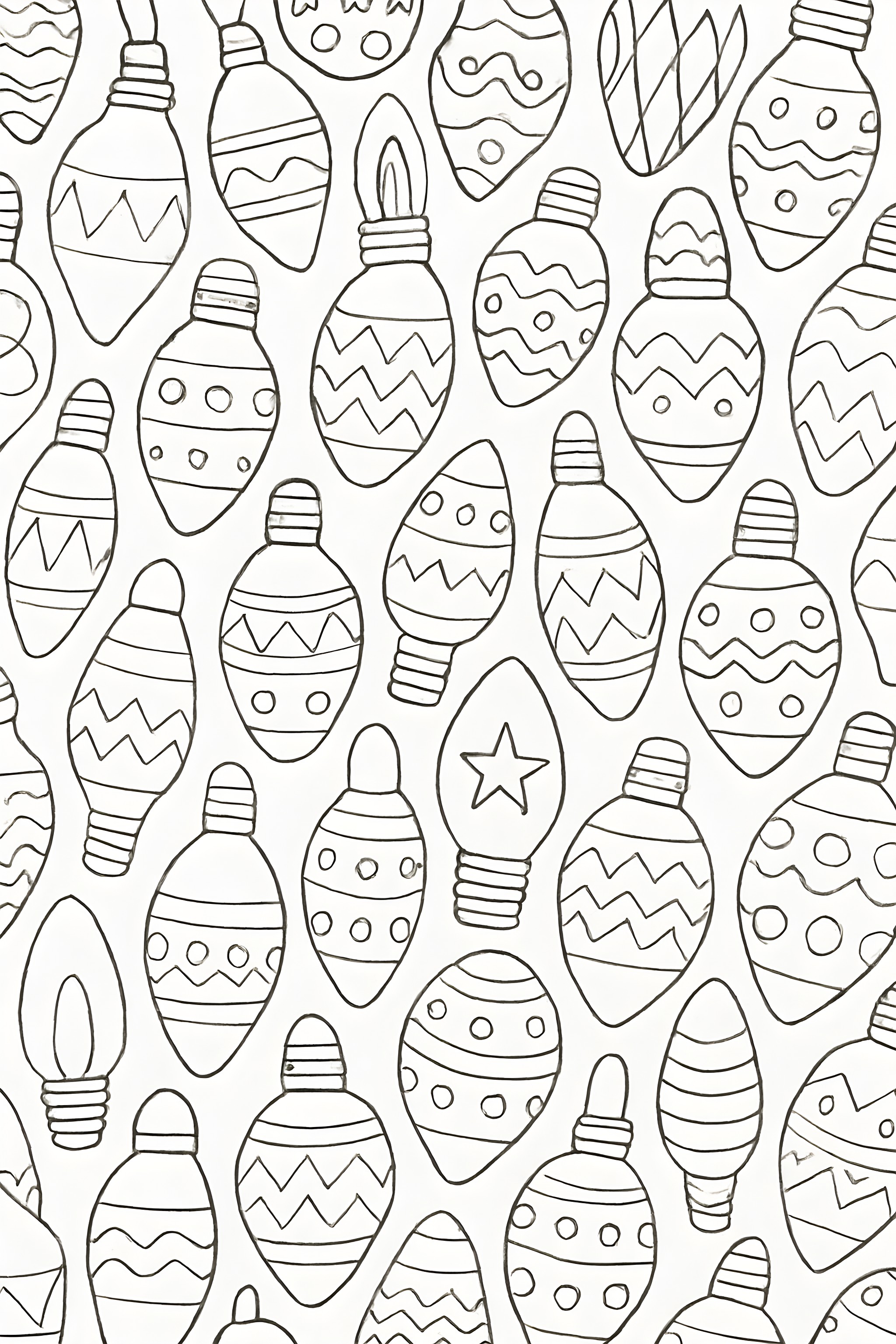 A repeating pattern of Christmas light bulbs in different shapes and decorative designs